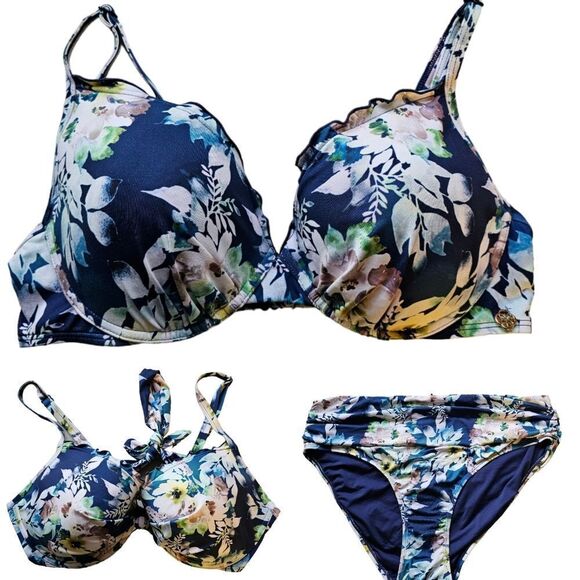 * * Turquoise Couture Blue Floral Bathing Suit Set XL & D Cup - Picture 1 of 9